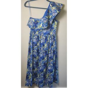 Avara One Shoulder Maxi Dress Size M Blue Tropical Pineapple Ruffle‎ Trim NWT